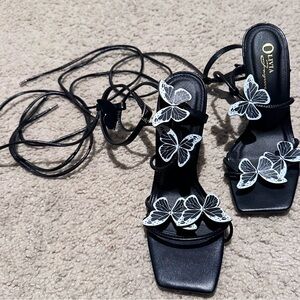 Black and White Stiletto Heels with Butterfly Accents